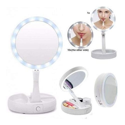 LED Light Makeup Mirror, Double Side Magnifying Function Portable Folding Stand Vanity And Travel Mirror - White