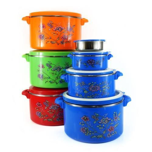 Set Of 3 Thermos Pots + bowlSet Of 4 Flower Detailed Food Storage Dishes Serving Dishes – multi Colour