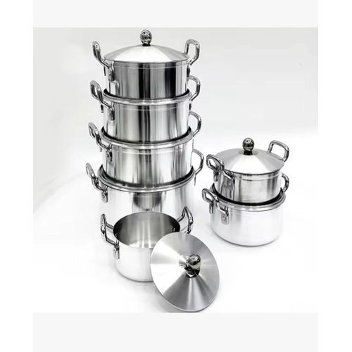 7Pcs Stainless Steel Cooking Pots Aluminum Heavy Satin Casserole Pot Set -Silver