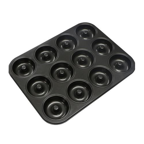 Doughnut Mould 12 Hole Non Stick Baking Tin Carbon Steel Donut Mould for Begal Sandwich, Doughnut - Black