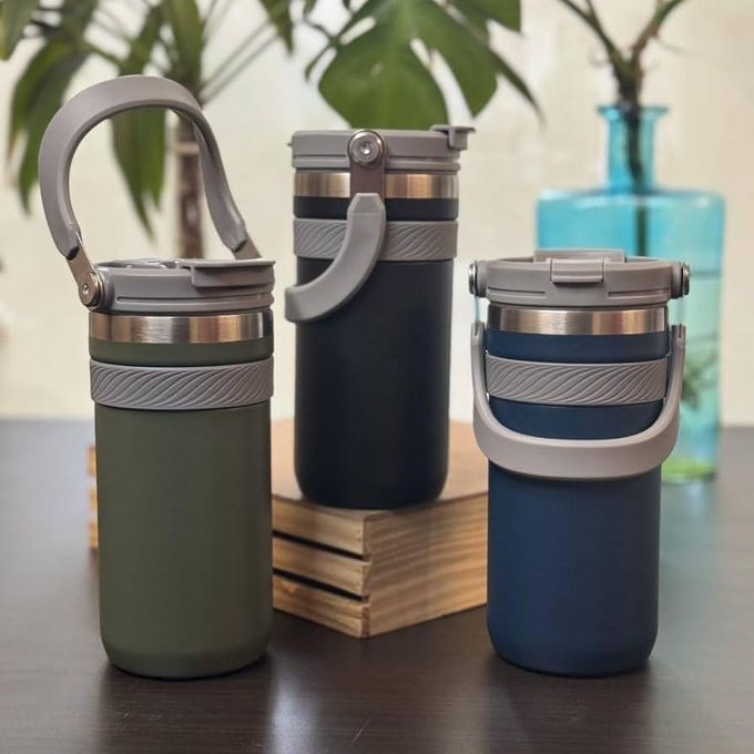 TimBuk2 Travel Mug Tumbler with Straw Lid and Handle 550 ML Travel Coffee Mug Portable Vacuum Stainless Steel Reusable Insulated Thermos Flask for Hot & Cold Drinks/Coffee/Tea/Beer (Olive Green)