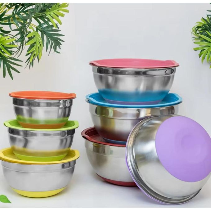 7 Colors Stainless Steel Mixing Bowl with Lid, Home Kitchen Egg Mixer Salad Bowls, Non-Slip Silicone Bottom, Food Storage Bowl Set