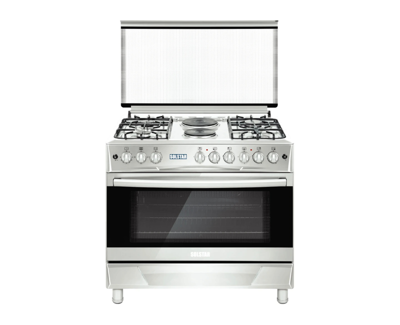 Solstar Standing Cooker,90x60, 4 Gas, Electric Oven, Rotesserie, Grill, Silver Colour SO640DERATINBSS