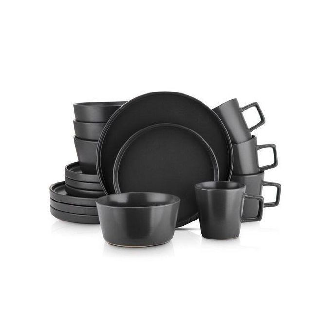 16pcs Dinner Set Cups, Plates, Side Plates & Bowls - Black