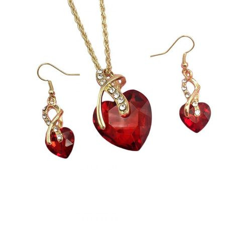 17KM Heart Shaped Necklace & Earrings Set -Red