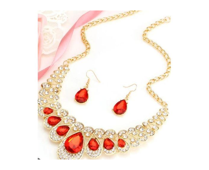 Mixed Style Bohemia Leopard Bib Chain Necklace+Earrings- Red