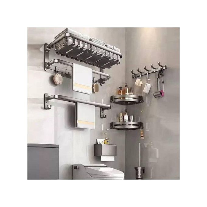 7pc 3-Fold Towel Rack Space Aluminum Bar Rail Paper Holder 9 Holders For Shower Room Organizer Bath Hanger Corner Shelf Toilet Brush Bathroom Shampoo Storage Accessories Shower Caddy Brush Space Aluminum Wall Mount-Multicolor
