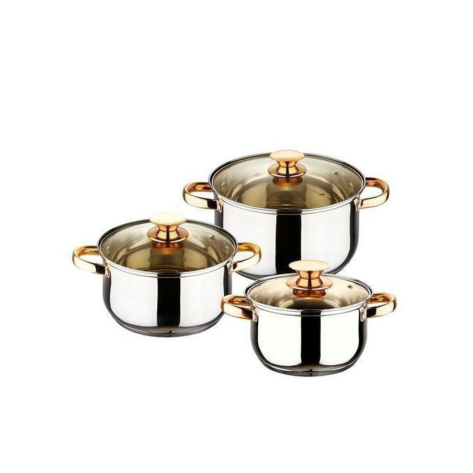 New 6 Pc Gold Handles Stainless Steel Saucepans Cookware Pots- Silver