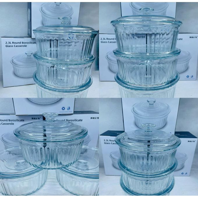 2.3L 3pc Round Borosilicate Glass CasseroleSet- Colorless
