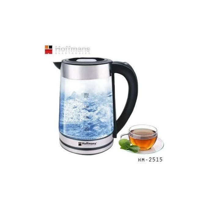 Hoffmans 2.2L Glass Electric Kettle With Blue LED Light- Silver