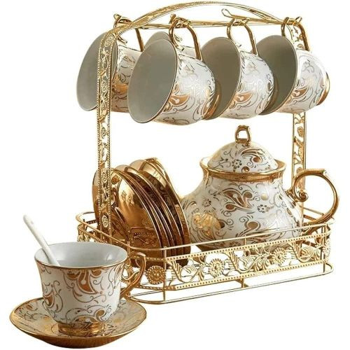 European-Style Phnom Penh Ceramic Coffee Set, Electroplating Coffee Cup, High-End British Afternoon Tea, Creative Home Living Room Flowers ,Stand Color May Differ - Multicolor