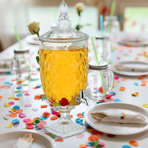 3Litres Drink Dispensers For Parties Crystal Glass Iced Mason Jar Dispenser with Stand And Spigot Liquid Containers Wide Mouth Beverage Server Water Pitcher For Juice Tea Party Bar Wedding Design May Differ - Clear