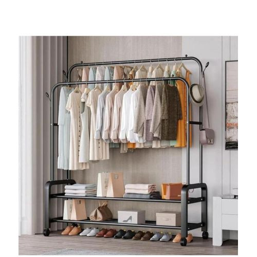 Carbon Steel Double Pole Coat Rack Indoor Bedroom Clothes Drying Hanging Clothes Shoes Rack Standing Storage Organizer With Hooks(Not Assembled) - Black/White.
