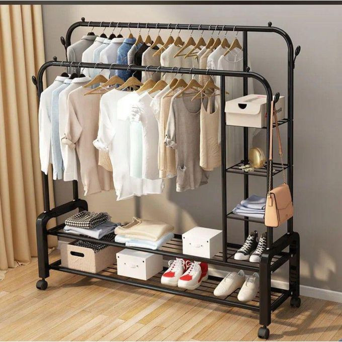 House Of Quirk Rack Clothes Rail Metal Double Garment Rack Hanging Rod With 4 Wheels And 2-Tier Shelves Storage Display Stand (Black,120cm)