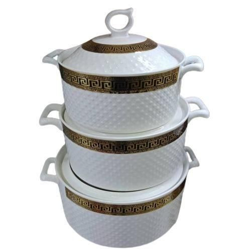 3 Pieces Of Golden Rim Ceramic Serving Bowl Dishes Pots With Lids -White