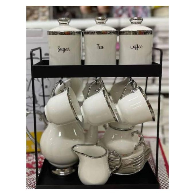 19 Pieces Ceramic Coffee Tea Pot Set W,ith 6 Mugs 6 Saucers 1 Teapot 1 Milk Jar 3 Canisters 1 Sugarbowl And 1 Rack-White