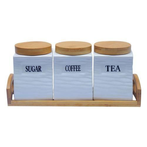 Canister Set With A Bamboo Stand- White
