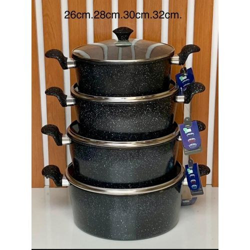 4Pc Set Of Non-Stick Cookware & Serving Dishes With Glass Lids- Black & Blue