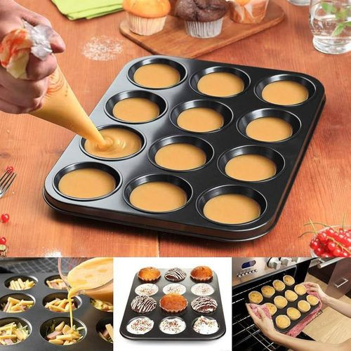 Muffin Pan, 12 Cupcake Pan, 2 Sets Of Nonstick Brownie Bakeware Muffin Tin, Cupcake Tray-Color Black
