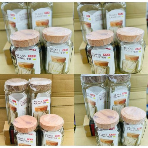 4Pc Canister Glass Set With WoodLike Lids- Colorless