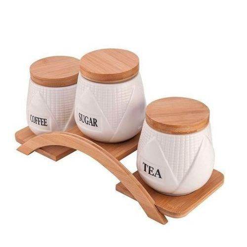 Set Of 3pc Canister With Bamboo Base - White