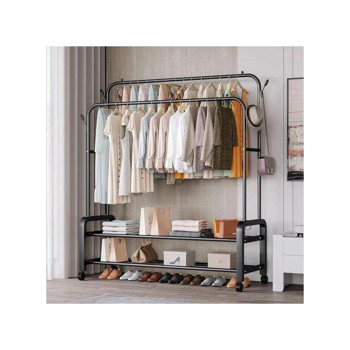 Carbon Steel Double Pole Coat Rack Indoor Bedroom Clothes Drying Rail Balcony Hanging Clothes Shoes Rack Standing Storage Organizer With