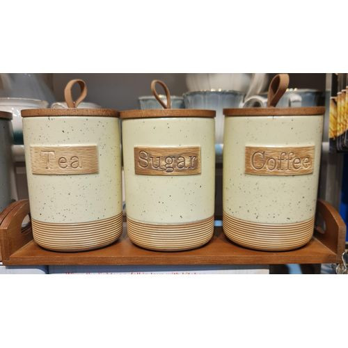 Other 3pcs Set Of Ceramic Canisters With Airtight Bamboo Lid And Wooden Base -multicolor
