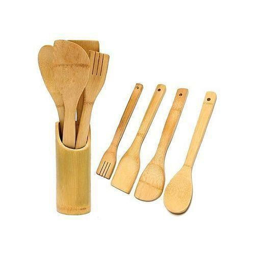 5 Pieces Of Bamboo Cooking/ Serving Spoon Utensils-Brown