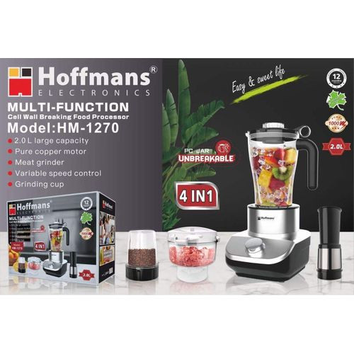Hoffmans HM-1270 Multi-Function 4-in-1 Food Processor with 2.0L Capacity and Unbreakable Jar - Silver