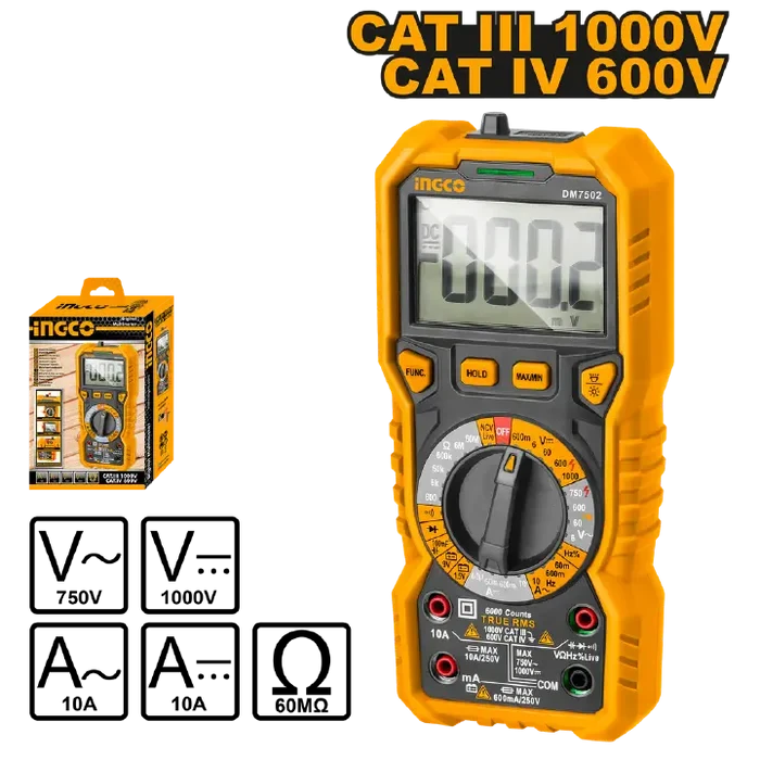 INGCO Industrial Digital Multimeter Tester DM7502 - Orange/Black