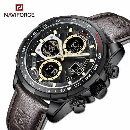 Genetic Naviforce Dual Display Leather Strapped Men's Office and Casual Designer Watch - Brown, Black, Silver