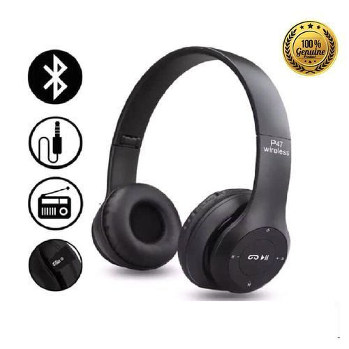 P47 Wireless Bluetooth Headphone with Radio & Mic- Black.