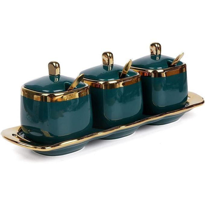 Ceramic Condiment 3 Pieces Spices Sugar Bowl Set-Multicolour