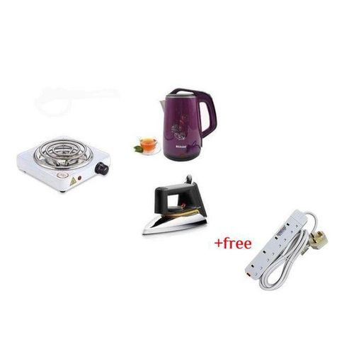 2.5L Kettle, Flat Iron, & Single Coil Hotplate Plus A Free 4 Way Extension-White
