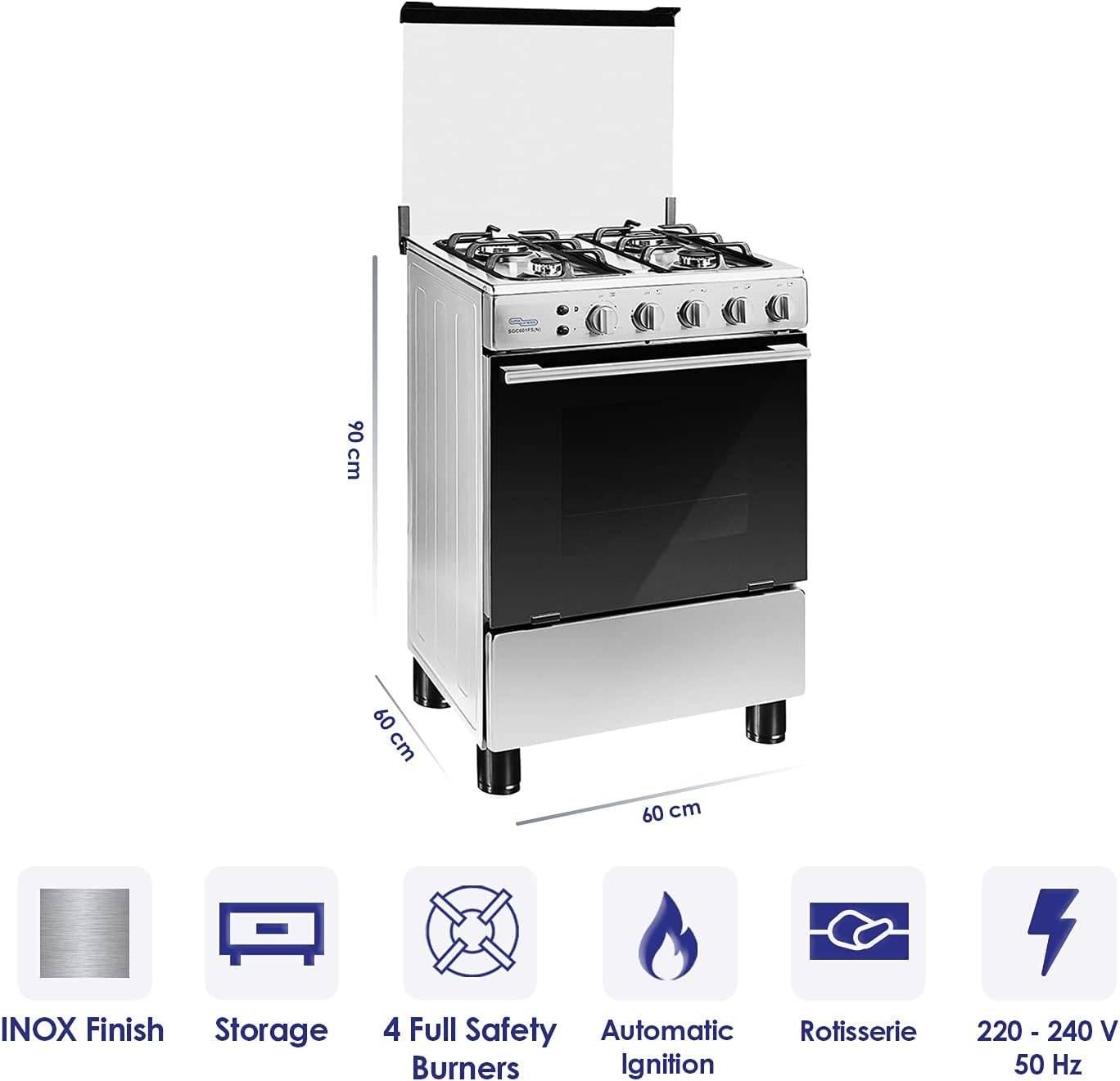 ARISTON Cooker AS67G1MCX 60/60cms Stainless Steel Full Gas, Cast Iron Pan Support+ Rotesserie