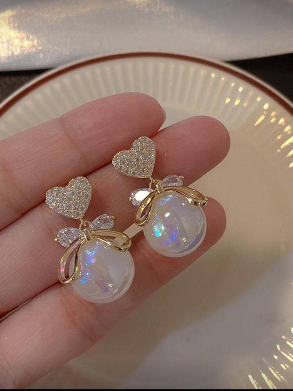 1pair Elegant Faux Pearl Bowknot Heart Diamond