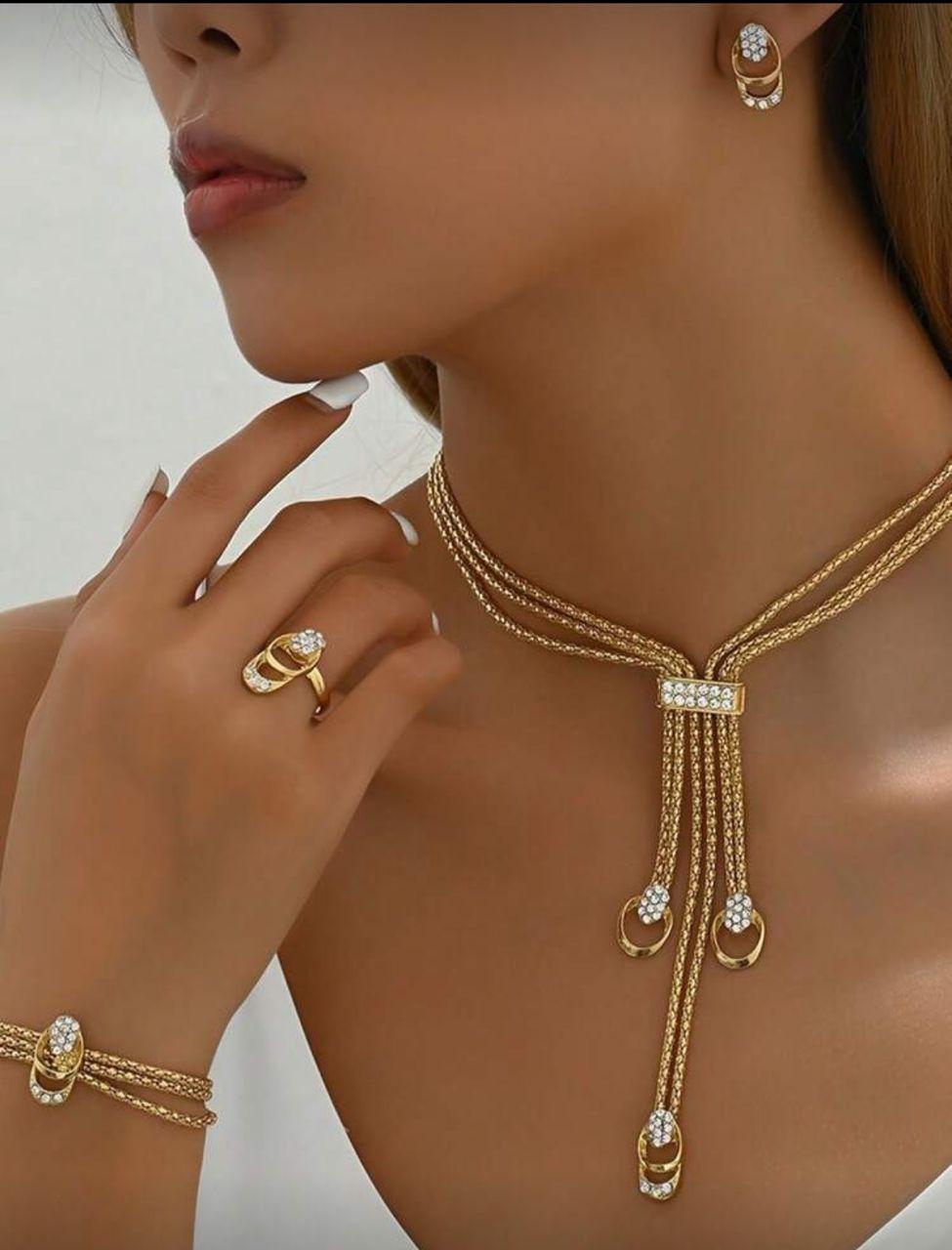 4pcs Bohemian Style Jewelry Set - Korean fashion Includes Necklace, Earrings, Ring And Bracelet, Gold Plated, Multi-Layer Design, Suitable For Party And Holiday Wear