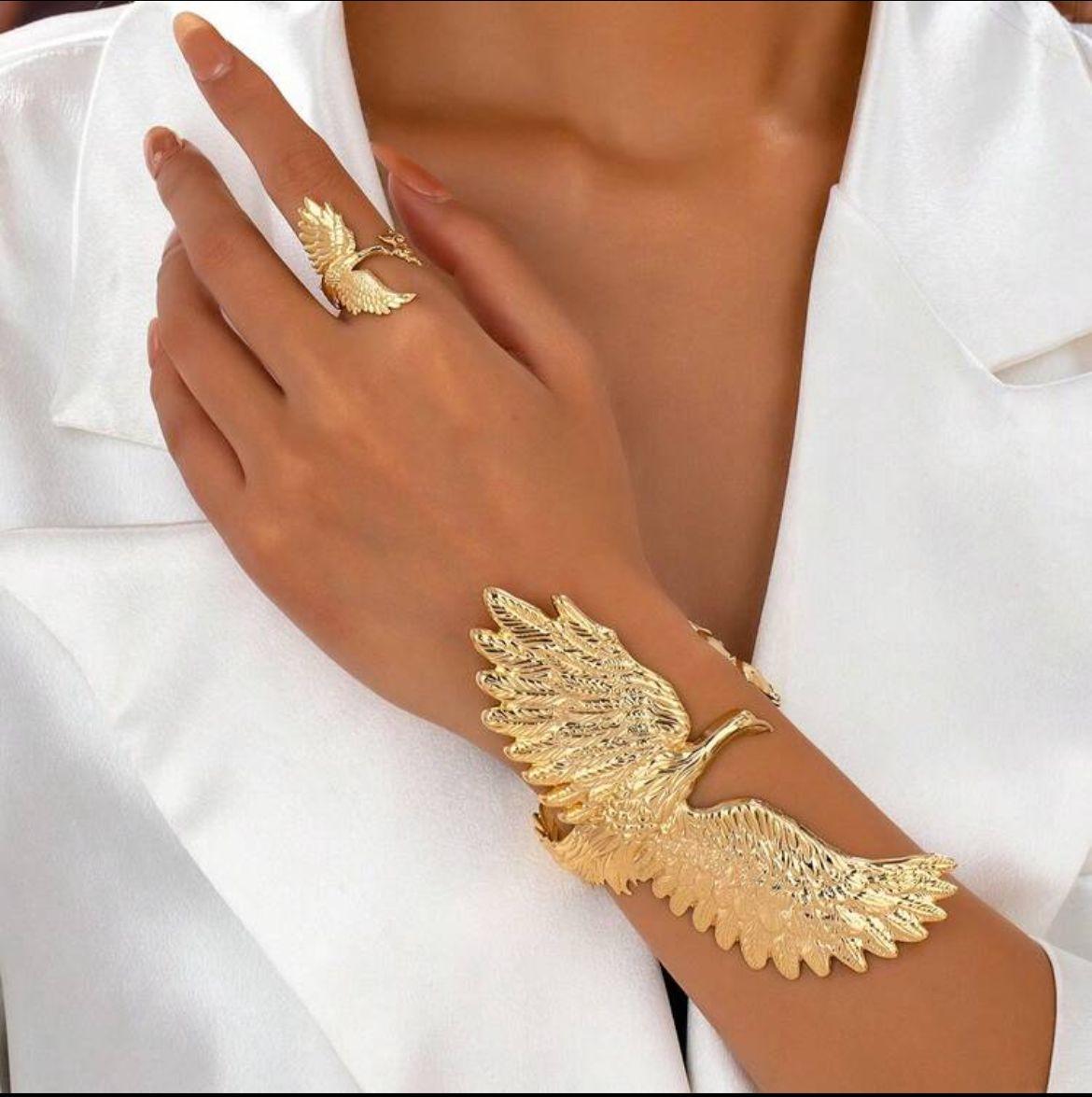 2pcs Jewelry Set, New Fashion Phoenix Wedding Wear Bangle Rings Necklace Earrings For Women, Stylish Delicate Metal Gold Adjustable Bracelet Ring Jewelry Set