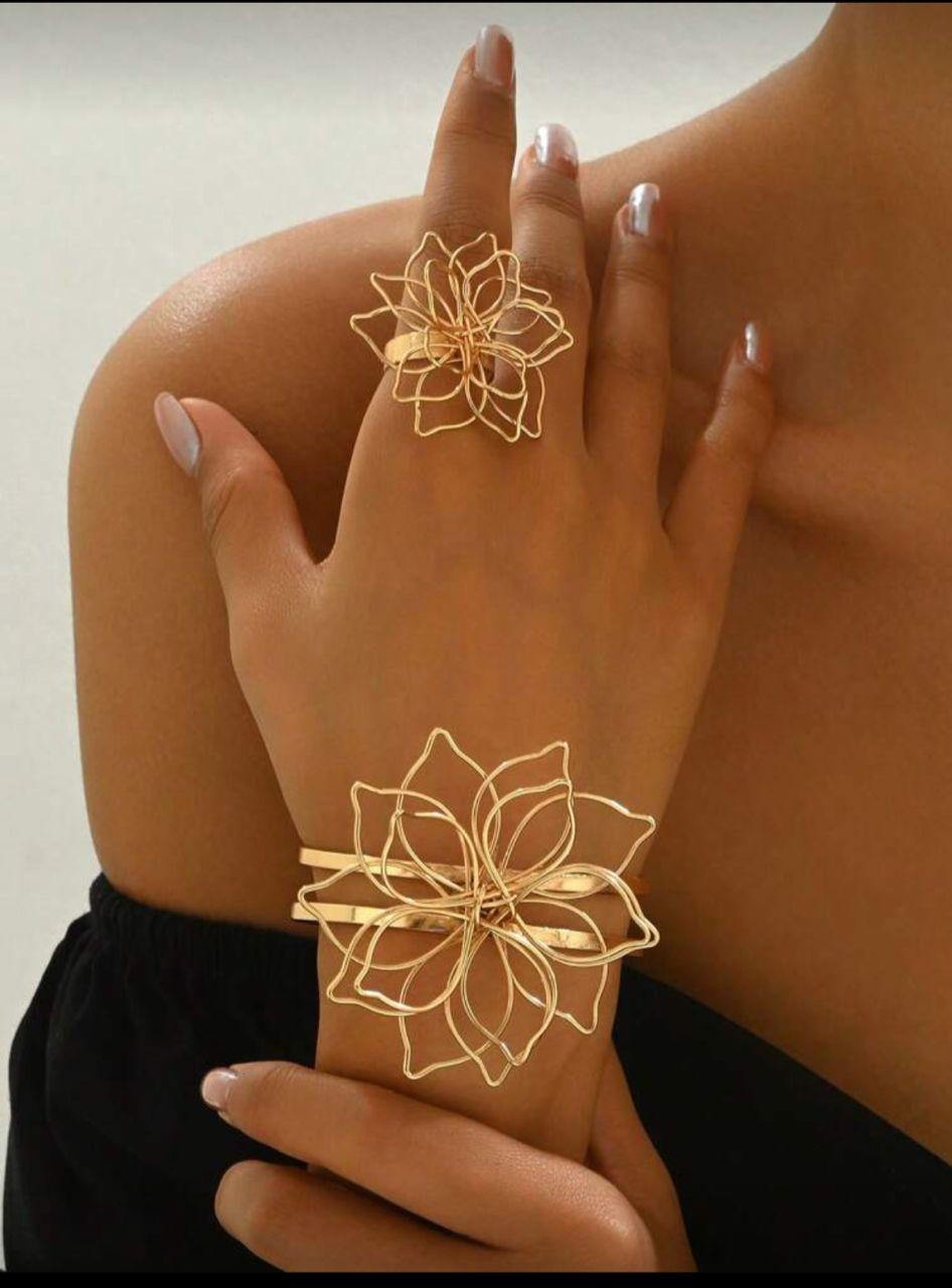 2pcs/Set Floral Wire Bangle & Ring Set, Fashion Jewelry