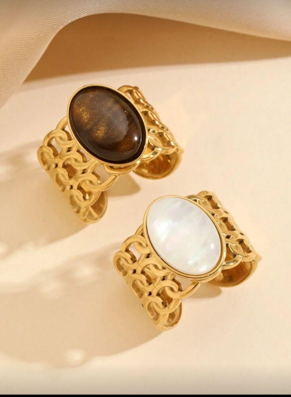 Stainless Steel Fashionable Luxurious Gold Rings Set With Brown And White Cat Eye Gemstones, Suitable For Women's Daily Wear Or Gift