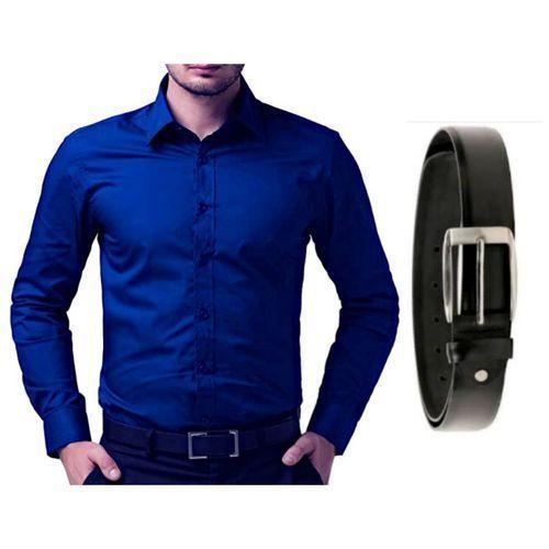 Men’s Formal Business Bundle – Premium Long-Sleeve Dress Shirt + Classic Faux Leather Belt – Professional Office & Wedding Attire Set