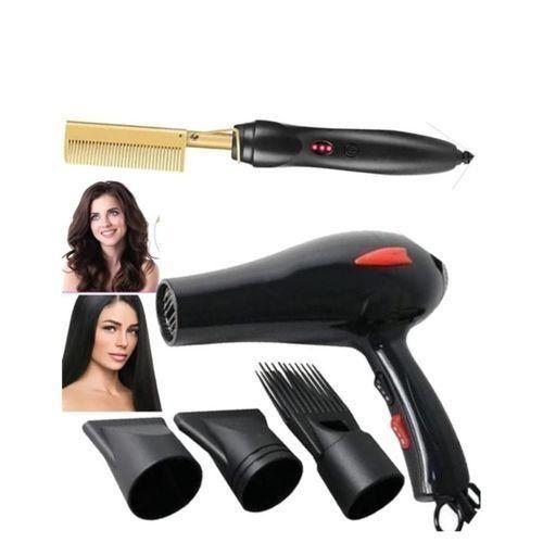 Professional Hair Styling Combo – Fakang High-Power Hair Dryer & 3-in-1 Electric Hot Heating Comb – Wet & Dry Use Straightener & Curler – Multicolor