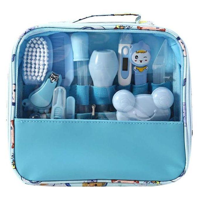 13 PCS Baby Healthcare and Grooming Kit including Thermometer, Feeder, Nasal Aspirator, Finger, Toothbrush Newborn Manicure Set Infant Nail etc... - Blue