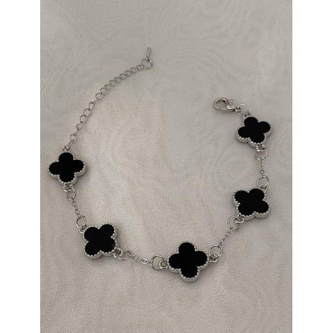 Midnight Clover Charm Bracelet. Black & Silver
