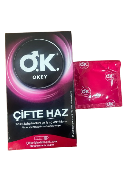 Okey ribbed,dotted and contour shaped male condoms.10-pack