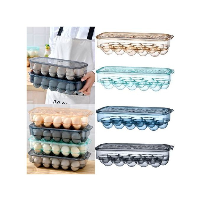 16 Egg Tray Holder For Refrigerator, Stackable Organizer Bin With Lid, Grey.