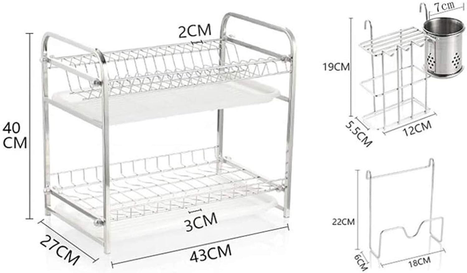 2 Tier Aluminum Plate Dish Drying Draining Rack Storage Organizer, Silver.