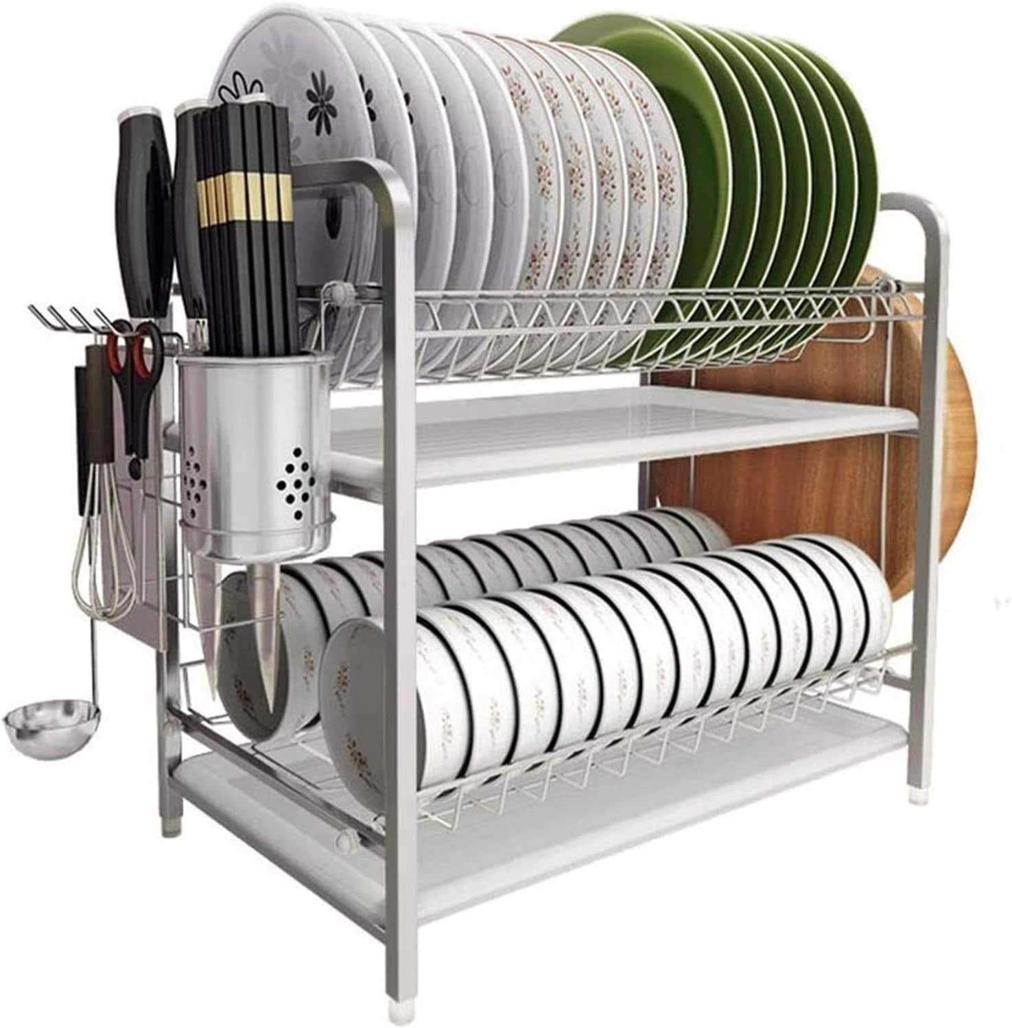 2 Tier Aluminum Plate Dish Drying Draining Rack Storage Organizer, Silver.