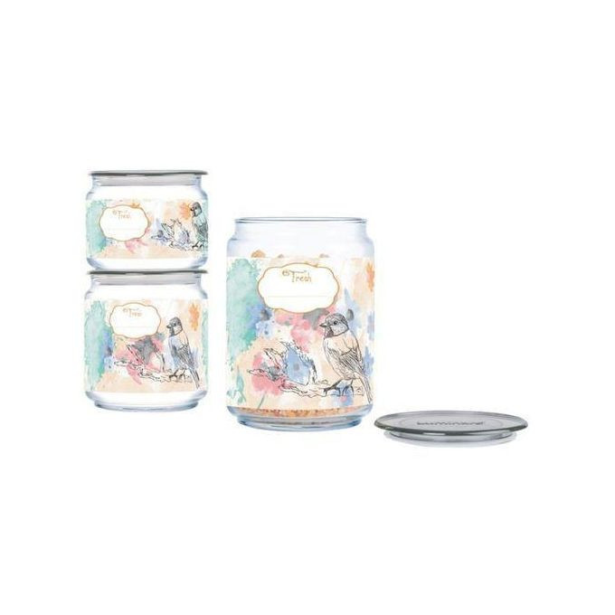 3 Piece Happy Bird Sugar Bowl, Food Storage Jar Container Set, Colourless. Luminarc